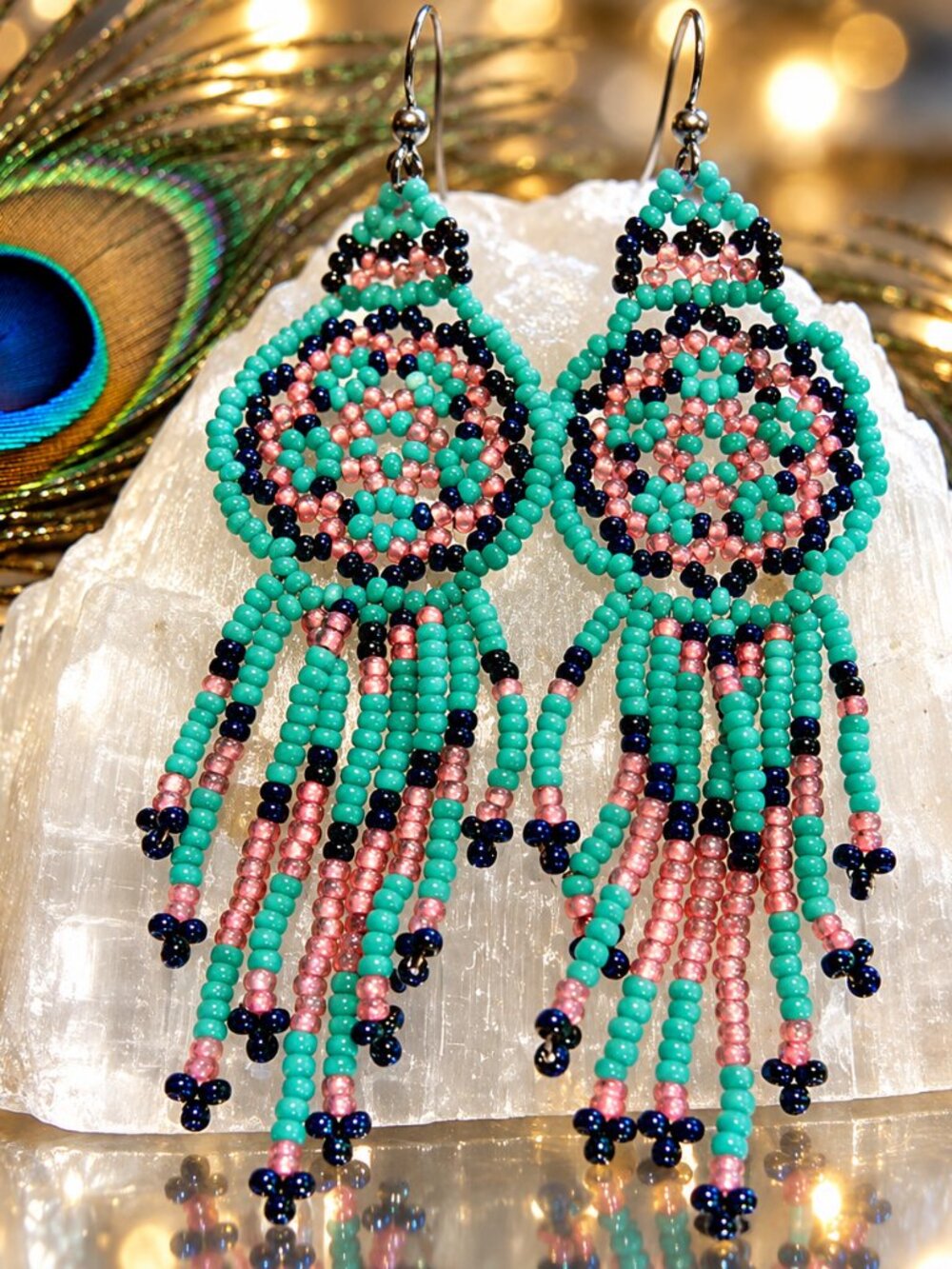1980s Cherokee Dream Catcher Vintage Pierced Seed Bead Earrings